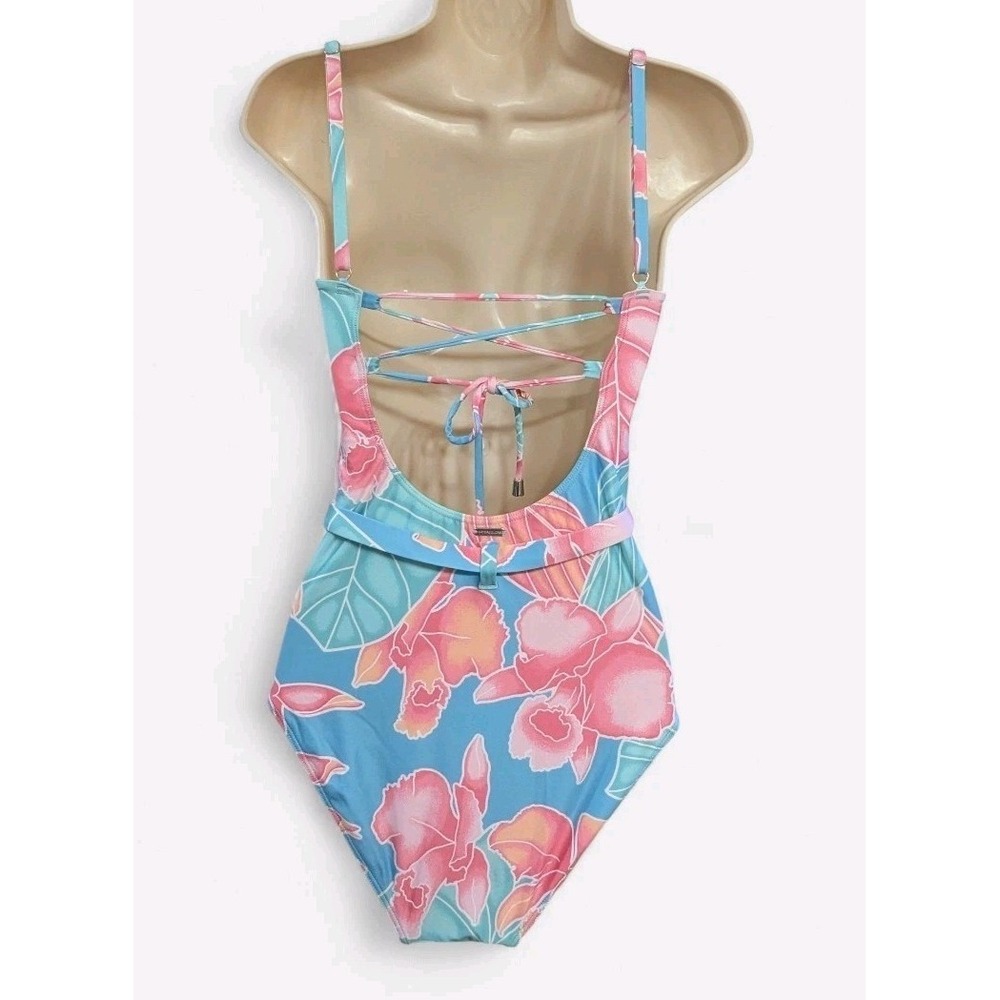 Kenny Flowers Women M/L One Piece Swimsuit Belt Hibiscus Vacay Resort Cruise NWT - Picture 3 of 10